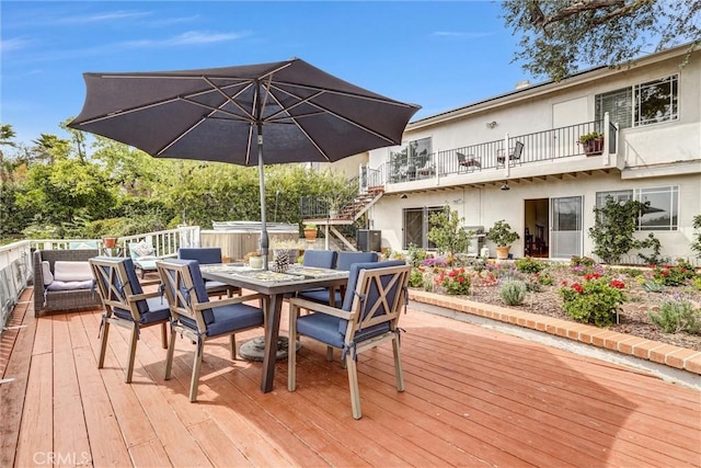 4612 Wolfe Way, Woodland Hills, CA 91364 - wooden terrace featuring outdoor dining space and stairway