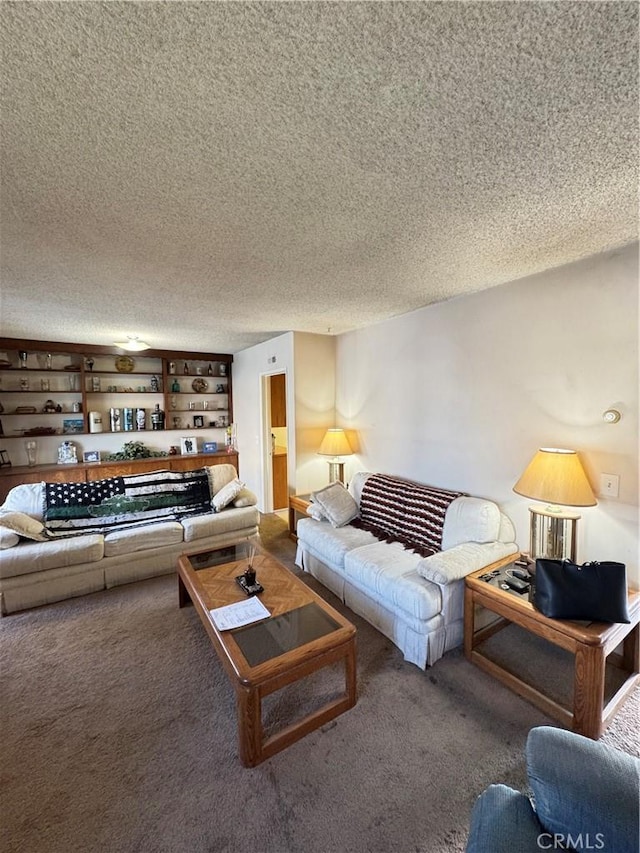 living area featuring carpet and a textured ceiling
