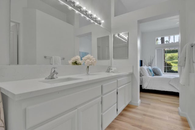 bathroom featuring wood finished floors, double vanity, a sink, and connected bathroom