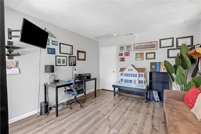 1799 Betty St, Wrightwood, CA 92397 - office area with light wood-style flooring, attic access, baseboards, and visible vents