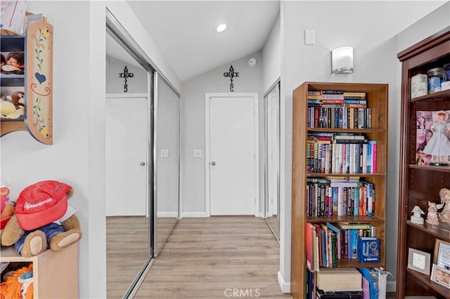 1799 Betty St, Wrightwood, CA 92397 - hall with recessed lighting, vaulted ceiling, and wood finished floors
