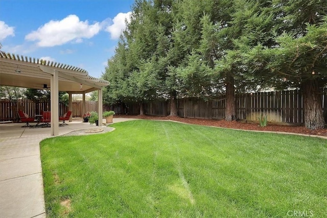 view of yard with a patio area, a fenced backyard, and a pergola