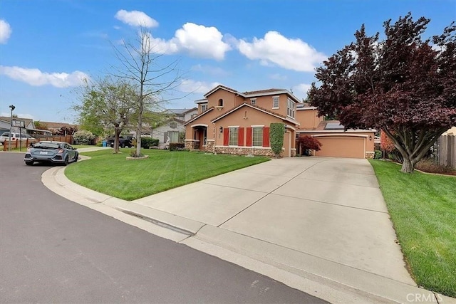 view of front of house with driveway, stucco siding, stone siding, and a front lawn