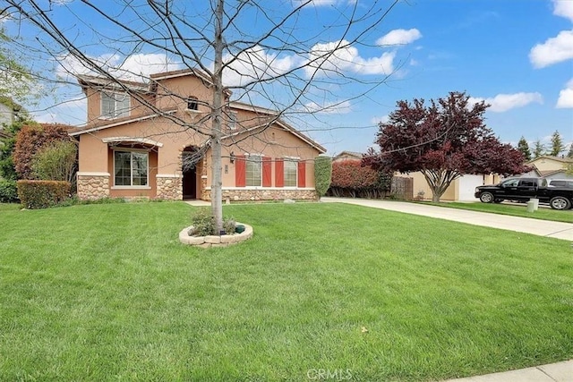 view of front facade featuring a front lawn, stucco siding, stone siding, and concrete driveway