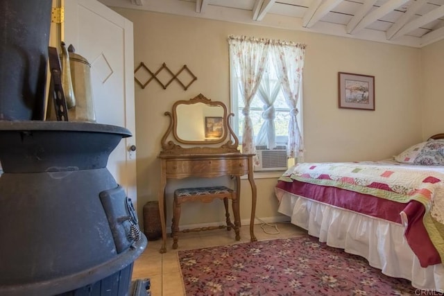 2112 Whispering Pines Dr, Julian, CA 92036 - bedroom with tile patterned floors, beam ceiling, and cooling unit
