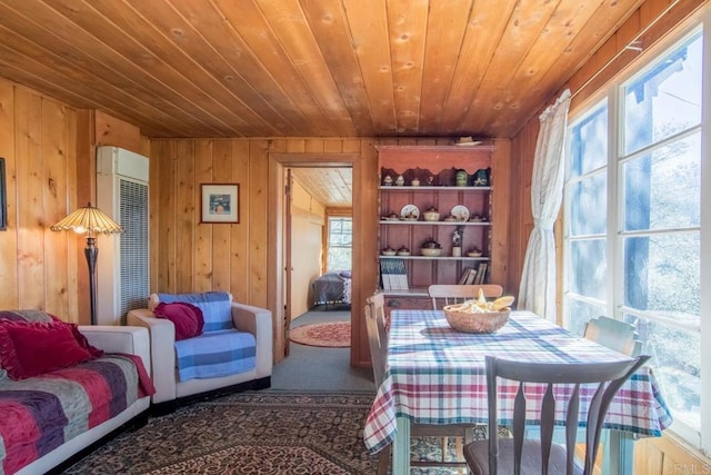 2112 Whispering Pines Dr, Julian, CA 92036 - carpeted dining area with wood ceiling, healthy amount of natural light, wooden walls, and a heating unit
