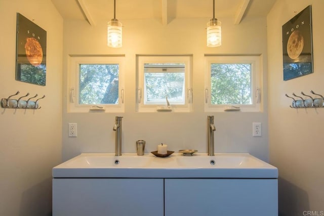 2112 Whispering Pines Dr, Julian, CA 92036 - bathroom with beamed ceiling and double vanity