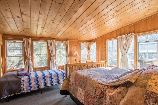 2112 Whispering Pines Dr, Julian, CA 92036 - bedroom with vaulted ceiling, multiple windows, cooling unit, wooden ceiling, and carpet flooring