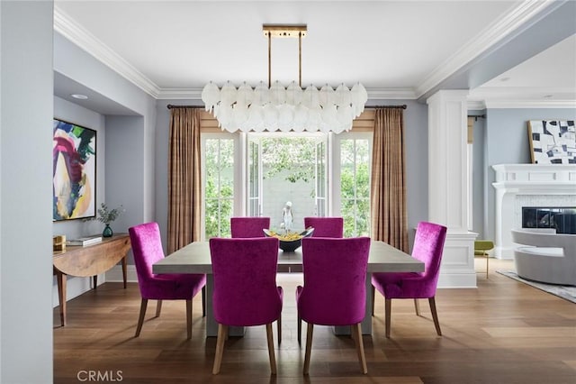 28 Old Course Dr, Newport Beach, CA 92660 - dining area featuring wood finished floors, ornamental molding, and decorative columns