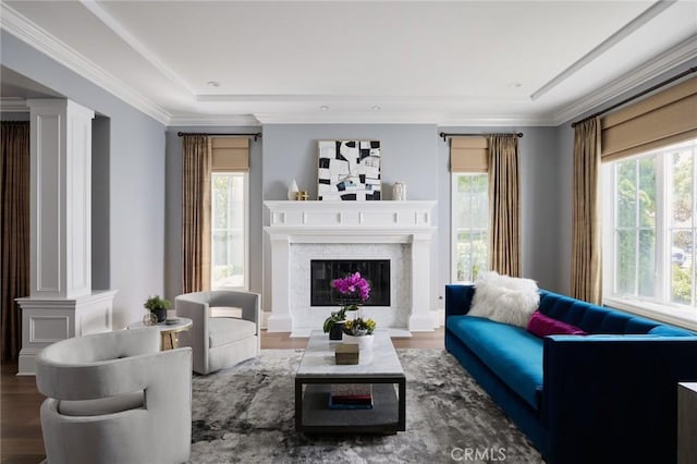 living area with a premium fireplace, ornate columns, crown molding, and wood finished floors