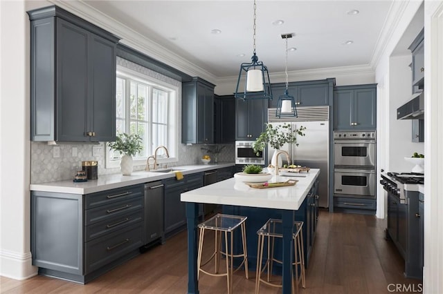 kitchen featuring dark wood-type flooring, an island with sink, a sink, and appliances with stainless steel finishes