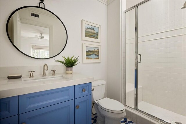 bathroom featuring a shower stall, visible vents, toilet, and vanity