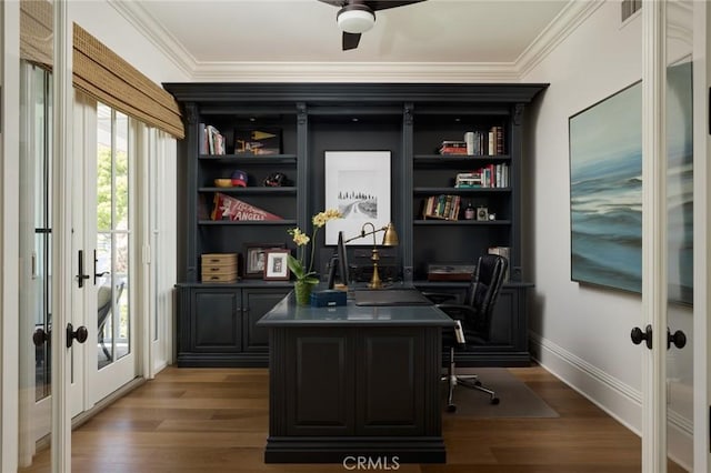 office space with crown molding, french doors, wood finished floors, and visible vents