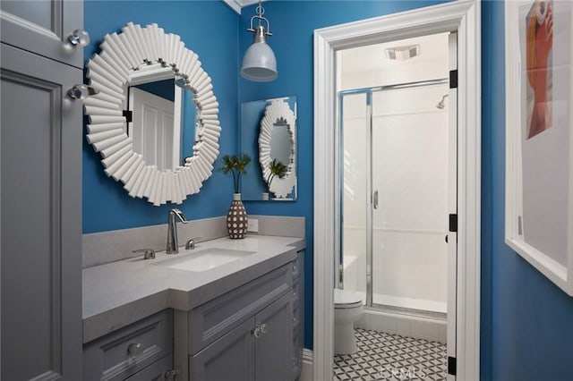 bathroom with toilet, vanity, visible vents, and a stall shower