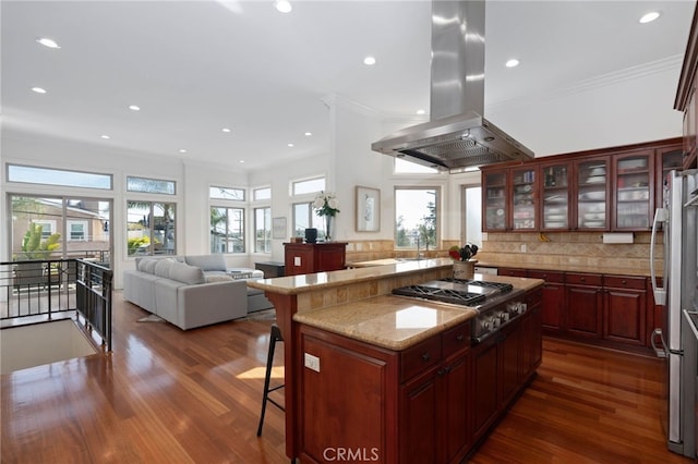 619 10th St, Hermosa Beach, CA 90254 - kitchen featuring dark wood-style flooring, a kitchen breakfast bar, island exhaust hood, and appliances with stainless steel finishes