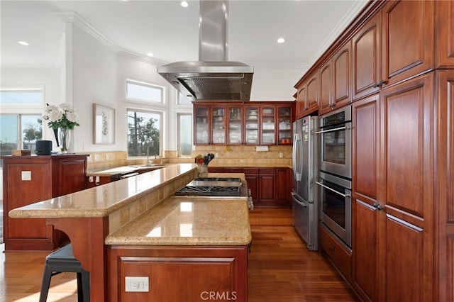 619 10th St, Hermosa Beach, CA 90254 - kitchen featuring island range hood, ornamental molding, a center island, and appliances with stainless steel finishes