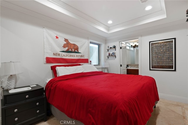 619 10th St, Hermosa Beach, CA 90254 - bedroom featuring baseboards, ornamental molding, recessed lighting, connected bathroom, and a raised ceiling