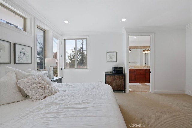 619 10th St, Hermosa Beach, CA 90254 - bedroom with baseboards, crown molding, recessed lighting, radiator heating unit, and light carpet