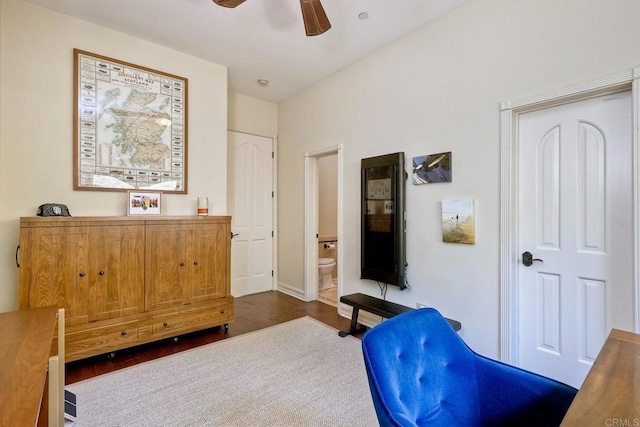 11558 Creek Rd, Poway, CA 92064 - bedroom featuring dark wood-style floors, ensuite bath, and ceiling fan