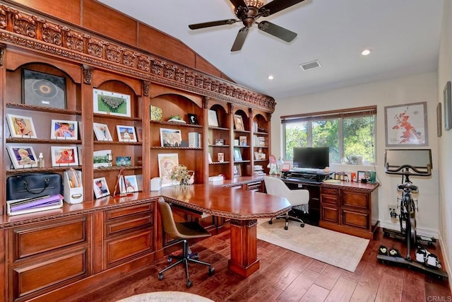 11558 Creek Rd, Poway, CA 92064 - home office with a ceiling fan, wood-type flooring, lofted ceiling, built in desk, and recessed lighting