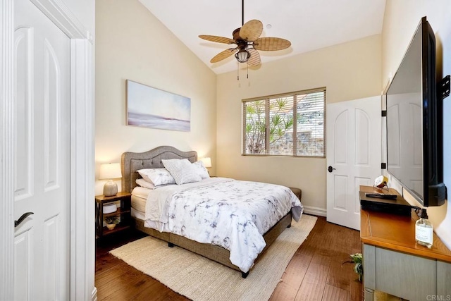 11558 Creek Rd, Poway, CA 92064 - bedroom with wood finished floors, vaulted ceiling, and ceiling fan