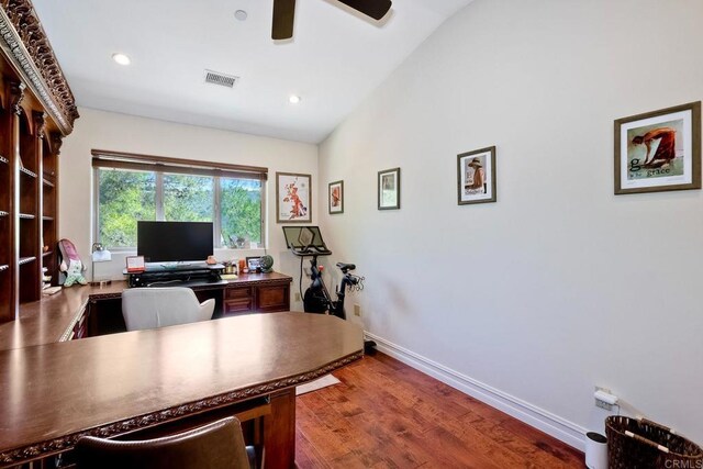 11558 Creek Rd, Poway, CA 92064 - office space with vaulted ceiling, ceiling fan, wood finished floors, and recessed lighting