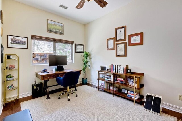 11558 Creek Rd, Poway, CA 92064 - office area with a ceiling fan and wood finished floors