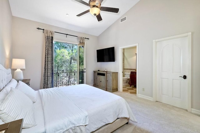 11558 Creek Rd, Poway, CA 92064 - bedroom featuring light carpet, ensuite bath, high vaulted ceiling, and ceiling fan