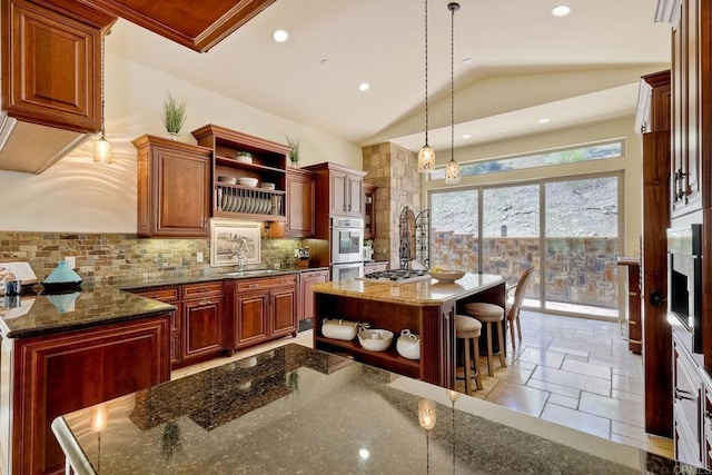 11558 Creek Rd, Poway, CA 92064 - kitchen with open shelves, lofted ceiling, tasteful backsplash, hanging light fixtures, and a kitchen island
