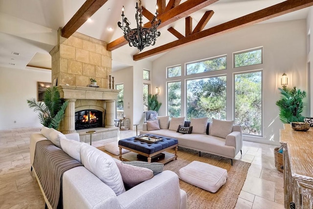 11558 Creek Rd, Poway, CA 92064 - living area with high vaulted ceiling, beamed ceiling, a chandelier, and a fireplace