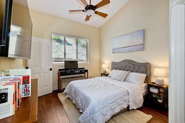 11558 Creek Rd, Poway, CA 92064 - bedroom featuring wood finished floors, lofted ceiling, and a ceiling fan