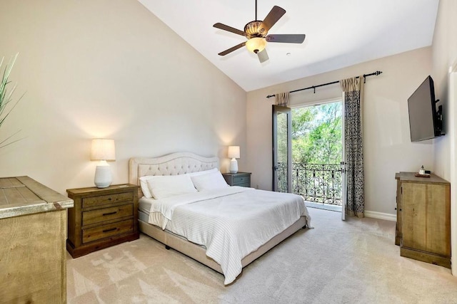 11558 Creek Rd, Poway, CA 92064 - bedroom with light carpet, access to exterior, a ceiling fan, and high vaulted ceiling