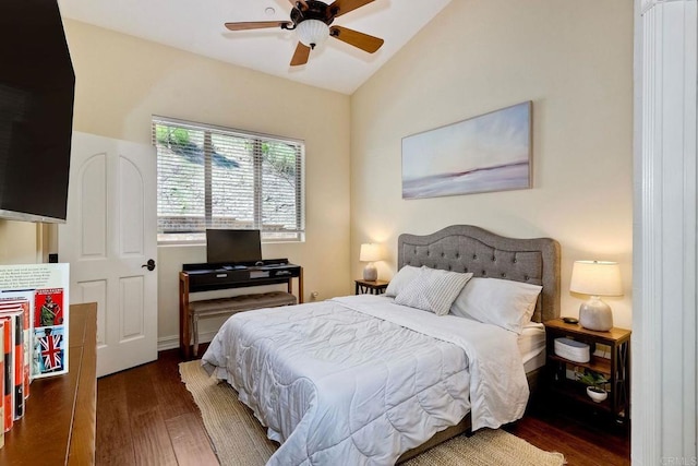 11558 Creek Rd, Poway, CA 92064 - bedroom with wood finished floors, lofted ceiling, and a ceiling fan