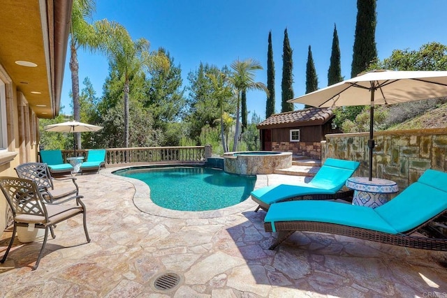 11558 Creek Rd, Poway, CA 92064 - view of pool featuring a patio, a shed, and a pool with connected hot tub