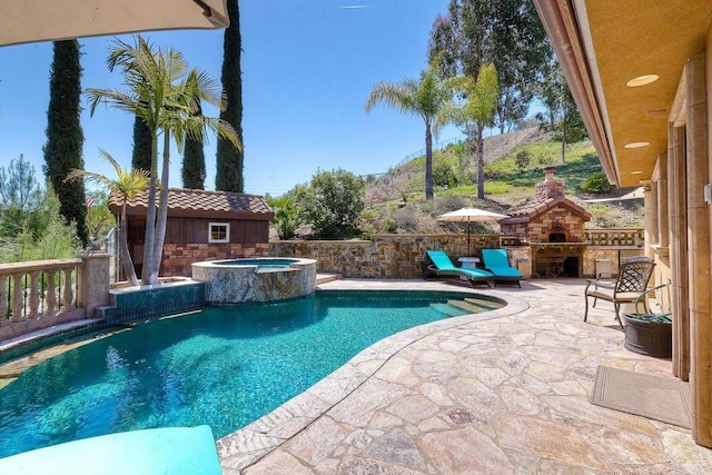 11558 Creek Rd, Poway, CA 92064 - view of pool featuring an outdoor stone fireplace, a patio, and a pool with connected hot tub