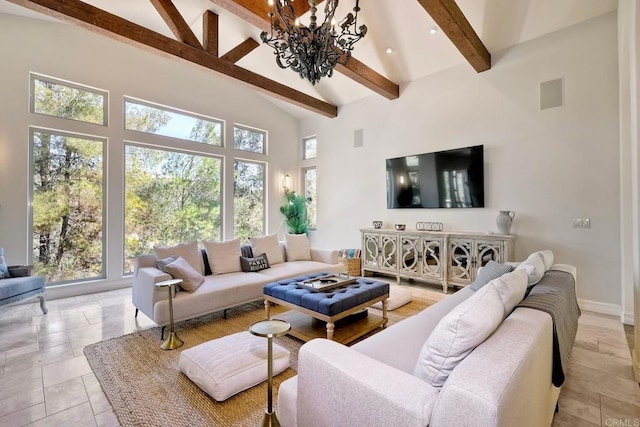 11558 Creek Rd, Poway, CA 92064 - living room with beam ceiling, high vaulted ceiling, and a chandelier
