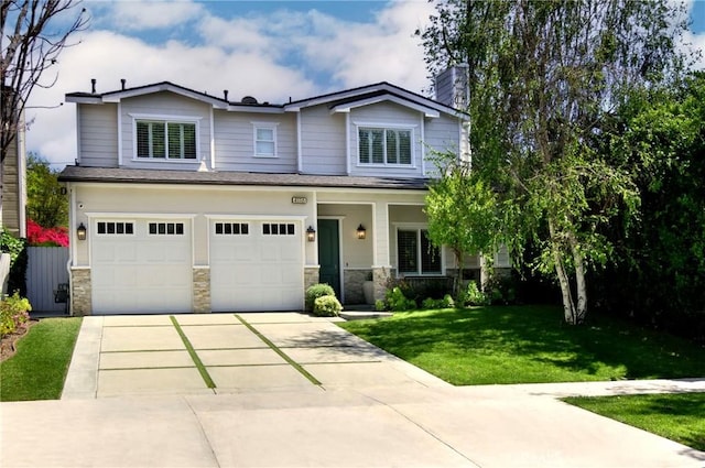 craftsman house with a chimney, a front lawn, driveway, stone siding, and a garage