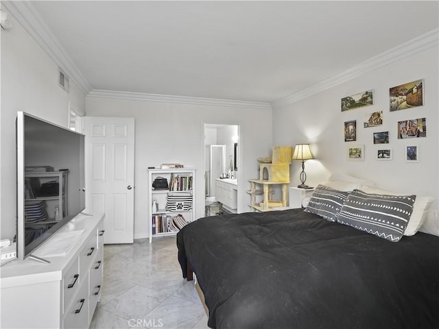 12720 Burbank Blvd Unit 323, Valley Village, CA 91607 - bedroom with light marble finish floors, crown molding, and ensuite bath