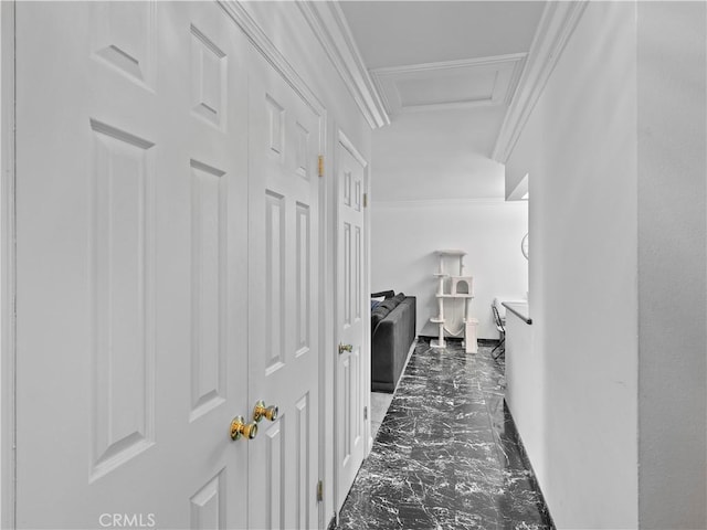 12720 Burbank Blvd Unit 323, Valley Village, CA 91607 - hall with marble finish floors, ornamental molding, and attic access