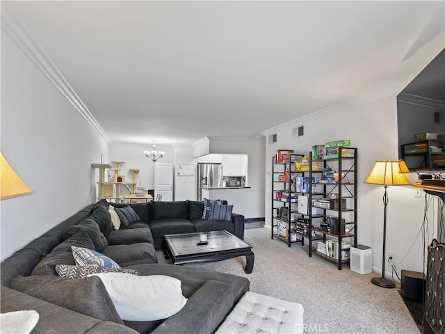 12720 Burbank Blvd Unit 323, Valley Village, CA 91607 - living room with a chandelier, light colored carpet, and ornamental molding