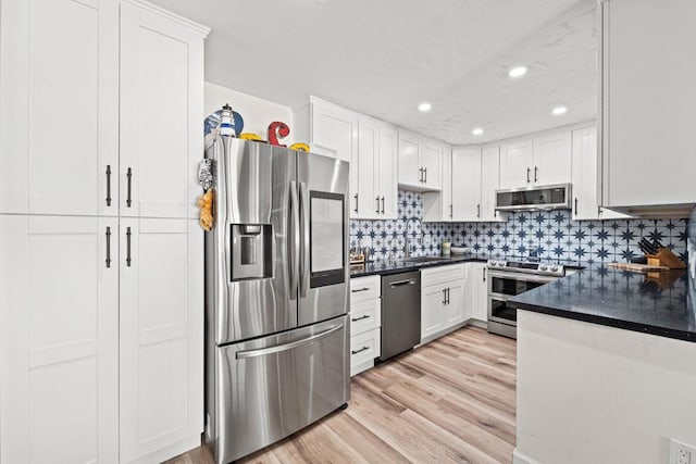 3421 Park Blvd Unit 401, San Diego, CA 92103 - kitchen with stainless steel appliances, dark countertops, white cabinets, light wood finished floors, and backsplash