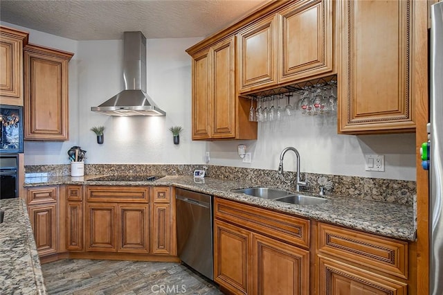 7922 Los Palmas Dr, Oak Hills, CA 92344 - kitchen with black appliances, brown cabinetry, wall chimney exhaust hood, and a sink