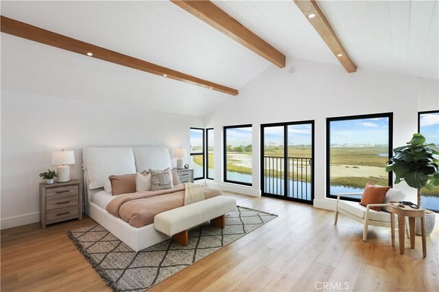 bedroom featuring beamed ceiling, recessed lighting, access to exterior, and light wood-style flooring