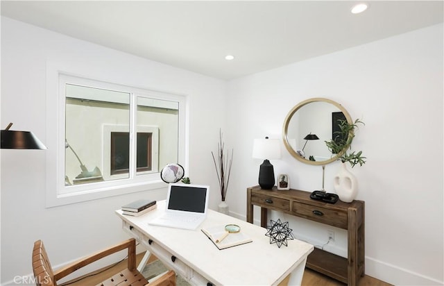 237 Canal St, Newport Beach, CA 92663 - office area featuring baseboards, recessed lighting, and light wood finished floors