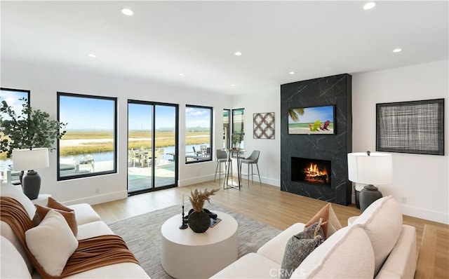 237 Canal St, Newport Beach, CA 92663 - living room with a premium fireplace, baseboards, recessed lighting, and light wood-style flooring