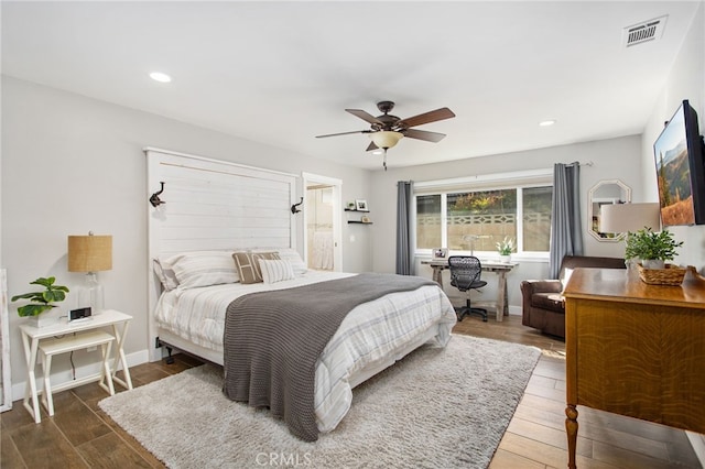 30249 Spray Dr, Canyon Lake, CA 92587 - bedroom featuring ceiling fan, visible vents, recessed lighting, wood finished floors, and baseboards
