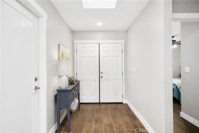 30249 Spray Dr, Canyon Lake, CA 92587 - entryway with a ceiling fan, recessed lighting, a skylight, baseboards, and dark wood-style floors