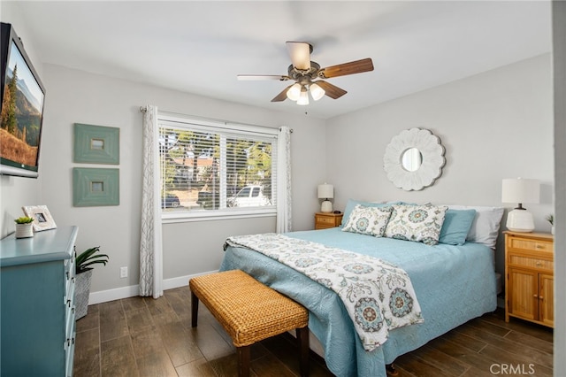 30249 Spray Dr, Canyon Lake, CA 92587 - bedroom featuring ceiling fan, baseboards, and dark wood finished floors