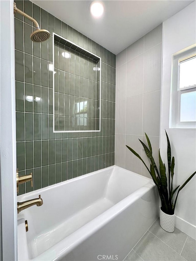 full bath featuring a tub to relax in, walk in shower, and tile patterned flooring