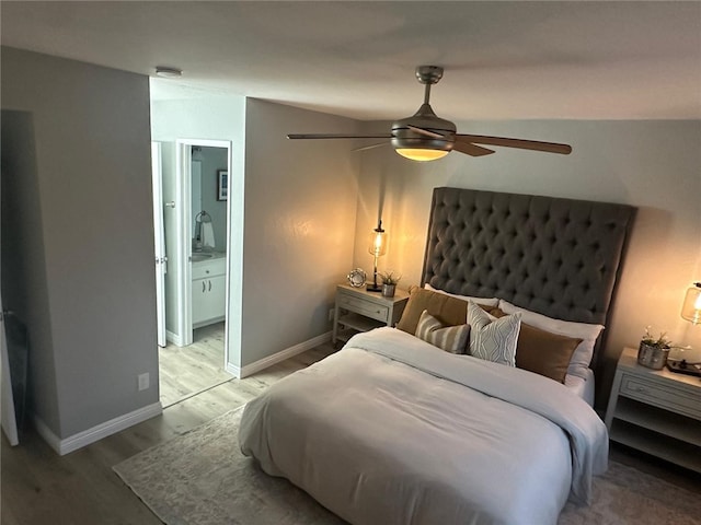 27130 Hidaway Ave Unit 6, Canyon Country, CA 91351 - bedroom featuring light wood-type flooring, ceiling fan, baseboards, and ensuite bathroom